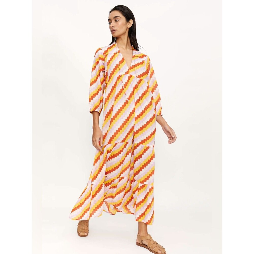 Compañía Fantástica Cotton V-Neck Tiered Maxi Dress Zigzag Print S NWT